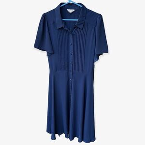 Nanette Lepore Navy Blue Pintuck Pleat Flutter Sleeve Button Down Dress Sz 12